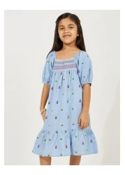 Styli فستان مطرز على شكل حرف A وأكمام منتفخة