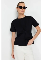  Collection بلوزة محبوكة ذات ثنيات أمامية سوداء بقصة عادية/عادية ورقبة دائرية TWOSS24BZ00302