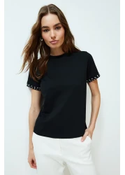  Collection Black Stone Accessory Detailed Regular Pattern Knitted T-Shirt TWOSS24TS00070