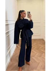 Perryes Women's Tie-Up Denim Suit Oversize Jacket and Pants