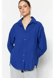  Collection قميص منسوج من القطن بجيب واحد باللون الأزرق الداكن/قميص واسع مقاس TWOAW20GO0115