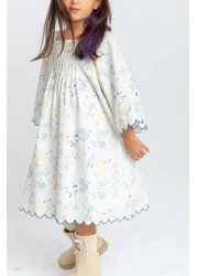 Cigit 2-7 Years Ecru Poplin Dress - Slice Embroidery and Pattern