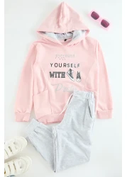 TRENDYOLKIDS Powder Girls' Cotton Slogan Printed Knitted Sweatshirt Tracksuit Bottom-Top Suit Tkdaw25Au00052
