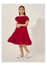 Styli Schiffli Smocked Detail Tiered Dress