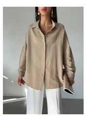 Laluvia Milk Coffee Oversize Off Shoulder Linen Shirt