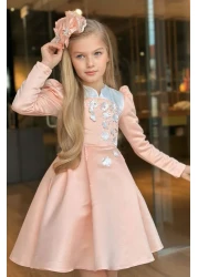 Riccotarz فستان بناتي بسحاب خلفي مفصل باللون الأبيض على الصدر مزين بجيب البطيخ وأكمام السلمون