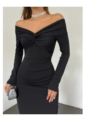 DENİKK 1018 قارب الرقبة الجبهة مزدوجة الصدر ميدي طول النسيج الناعم المرأة فستان أسود الاتجاه