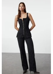  Collection Black Stitching Detail Zip Square Neck Denim Blouse Twoaw25Bz00005