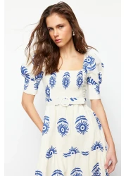  Collection Blue Patterned Square Neck Linen Look Belted Midi Woven Dress TWOSS24EL00779