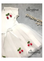 bonalind White Tulle Cherry Girl's Dress with Ribbed Fabric Top and Bottom Lining