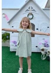 Minipodyum Baby Girl Collar Embroidered Bag Holiday Linen Dress