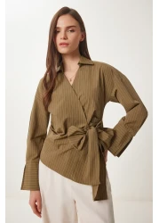 Happiness İstanbul بلوزة بوبلين قميص مخطط كاكي للنساء US00962