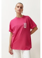  Collection Fuchsia 100% Cotton Back and Front Slogan Printed Oversize/Comfortable Fit Knitted T-Shirt TWOSS24TS00235