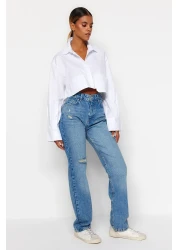  Collection Blue Ripped High Waist Long Straight Jeans TWOAW24JE00033