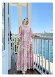 Aselim Hijap Moda فستان صيفي منقوش عرقيًا | زر وقص مريح باللون الوردي
