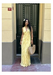 moneta boutique فستان نسائي بتصميم طويل وربطة عنق مكشكشة