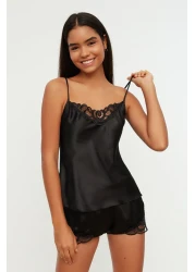  Collection Satin Woven Black Lace Shorts Pajamas Set - Thmaw21Pt0843