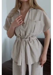 Laluvia Natural Buttoned Belted Blouse Trousers Set - 7207