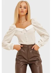 Trend Alaçatı Stili Women's White Princess Sleeve Front Button Detailed Crepe Blouse ALC-X10867