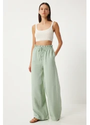 Happiness İstanbul بنطلون بالازو نسائي من الكتان الفيسكوز باللون الأخضر - FN03287