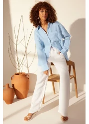  Collection قميص أزرق 100% كتان كبير الحجم TWOSS23GO00443