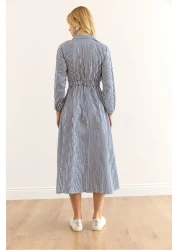 Olalook فستان قميص طويل بخصر مطاطي باللون الأزرق الداكن للنساء ELB-19002398