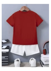 CLAYES Cotton Kids Set - Red T-shirt and White Shorts, Crew Neck, Ideal Printed