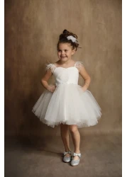 black white wedding Girl's White Fluffy Dress Birthday Dress with Lace Detail