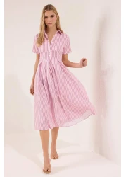  Collection Pink Striped Skirt Waist Open Half Placket Midi Woven Dress Twoss25El00187