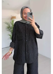Ka Hijab Wide Leg Striped Suit - Black