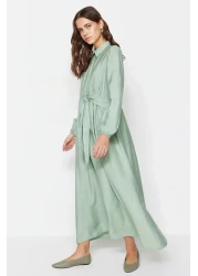  Modest فستان كاكي فاتح مزين بالدانتيل والشريط من الكتان المنسوج TCTSS23EB00272