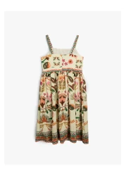 Koton Viscose Fabric - Floral Patterned Square Collar Strap Dress