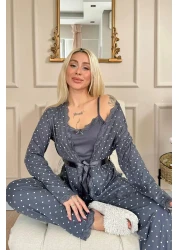 Pijamaevi Smoked Mini Point Patterned Bamboo Dressing Gown Women's Pajamas Set