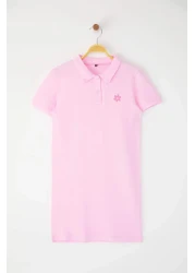TRENDYOLKIDS Pink Girl 100% Cotton Flower Embroidered Polo Neck Short Knitted Dress Tkdss25El00085