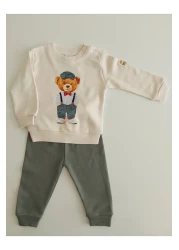 damdamin 100% Cotton Teddy Bear Printed Long Sleeve Baby Boy Suit with Snap Collar