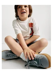 Magu Boys' Marvel Character Printed White T-Shirt and Striped Shorts Set