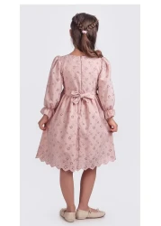 Pina Kids فستان بناتي بأكمام طويلة وأكمام مطاطية وتفاصيل شريطية ELB.2774