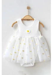 Beniizle فستان بدلة للجسم - تطريز ديزي، تول وأزرار كبس، 100% قطن، 6-24