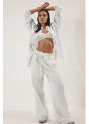  Collection شورت من الكتان الأبيض بأرجل واسعة جدًا - مع طبلة مطاطية مبطنةシュツォS25PL00121