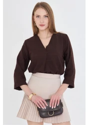 armonika Women's Brown V-Neck Quarter Sleeve Blouse Arm-25Y 001024