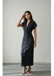 Bak'ap Denim Jeans Shirring Detailed Buttoned Maxi Short Sleeve Long Dress