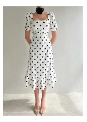 COOLGİRLS Women's White Polka Dot Patterned Square Collar Lined Maxi Long Length Premium Dress
