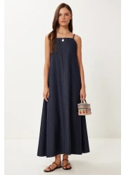 Happiness İstanbul Women's Dark Navy Blue Strap Summer Denim Dress Mx00200