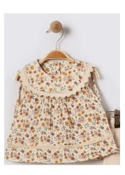 Bebüş بلوزة بناتي بياقة دانتيل مزخرفة بالزهور وبنطلون مطرز طقم مكون من قطعتين 15719