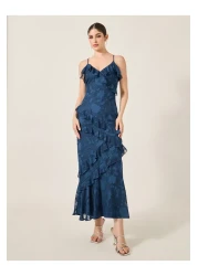 Styli Self Design Ruffle Detail Strappy A-Line Maxi Dress