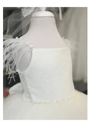 Black&White فستان بناتي أبيض منفوش، فستان عيد ميلاد، فستان زفاف مزين بالريش، موديل الأميرة