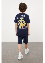 TRENDYOLKIDS Navy Blue Male Child 100% Cotton Tropical Printed Knitted T-Shirt Shorts Bottom-Top Suit Tkdss24Au00005