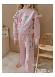 YİGİT BUTİK طقم علوي سفلي للفتيات مزين بكشكشة ومطرز بالزهور