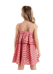 Denokids فستان بحمالات مكشكشة منقوشة باللون الأحمر للفتيات الصغيرات