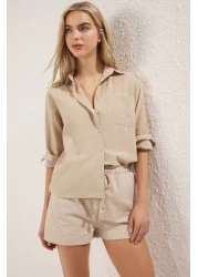  Collection Mink Cotton Blended Linen Look Oversize Wide Fit Woven Shirt Twoss25Go00096